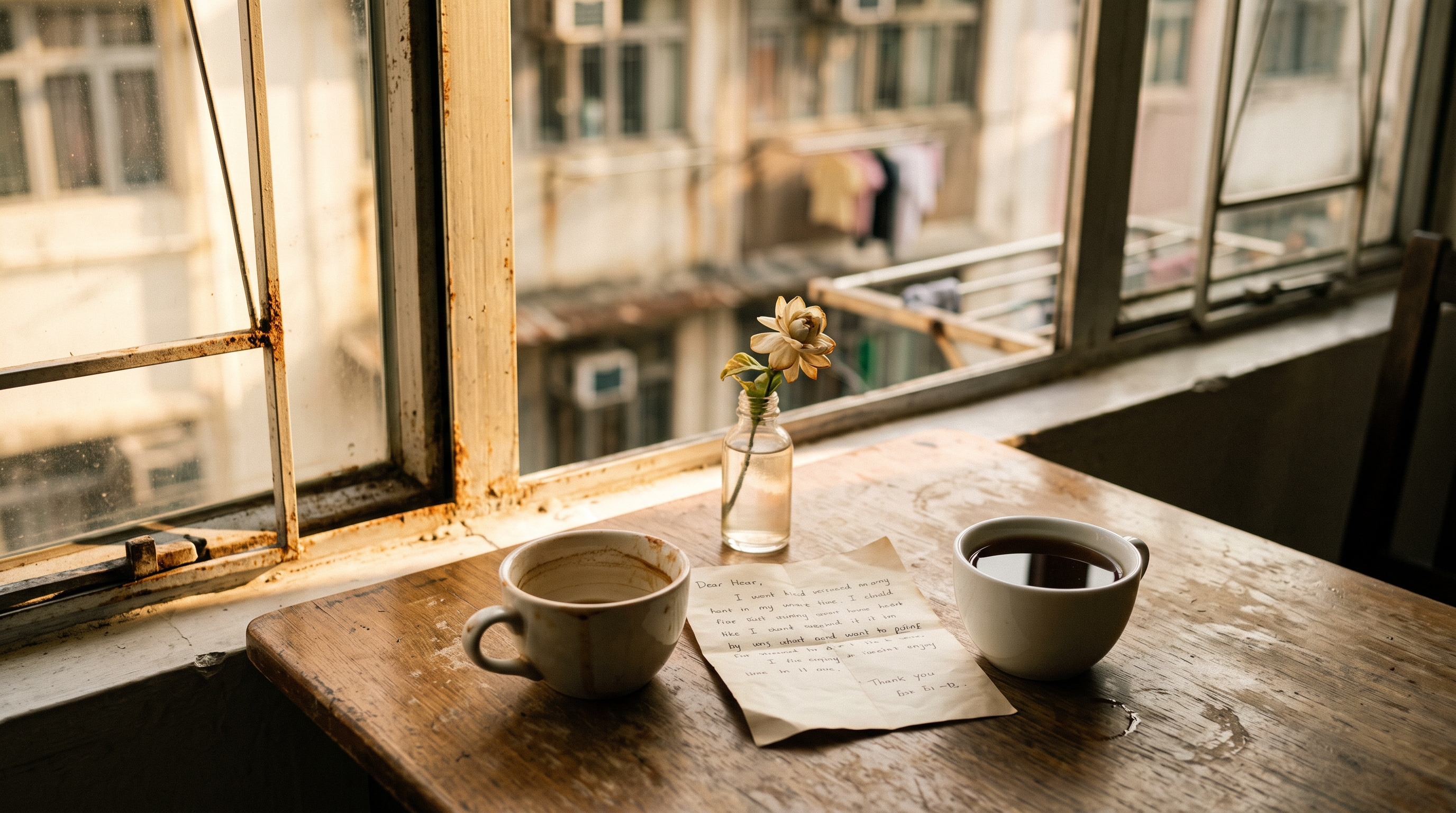 Two ceramic tea cups on a wooden table by a window in an old Hong Kong apartment, with a folded handwritten note and a wilting jasmine flower in a glass vase