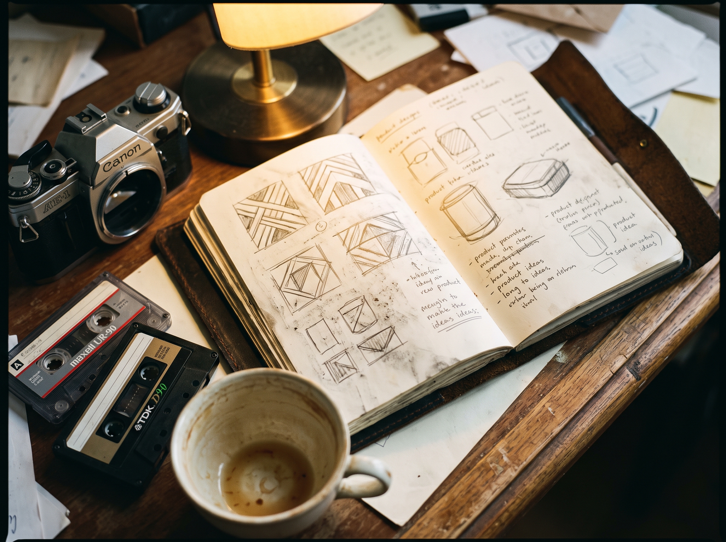 An old leather-bound notebook with pencil sketches of geometric shapes, beside a vintage Canon film camera, cassette tapes, and an empty coffee cup on a wooden desk