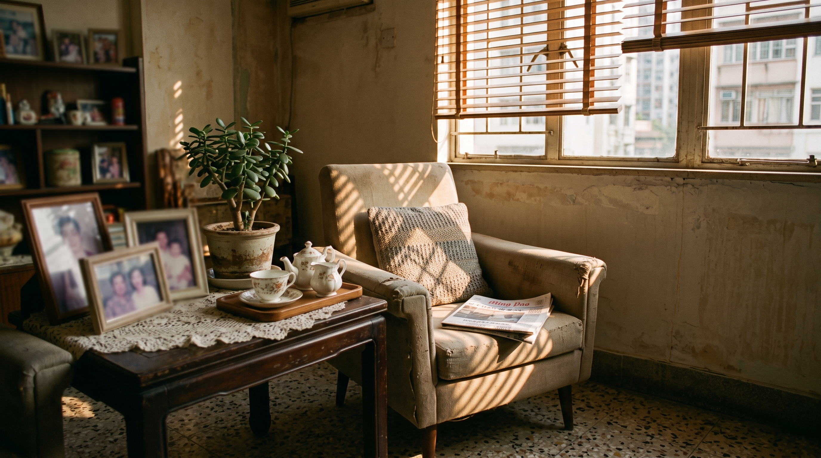 A quiet Hong Kong living room in late afternoon, with an empty armchair, jade plant, family photographs, tea set, and a folded newspaper, sunlight filtering through venetian blinds