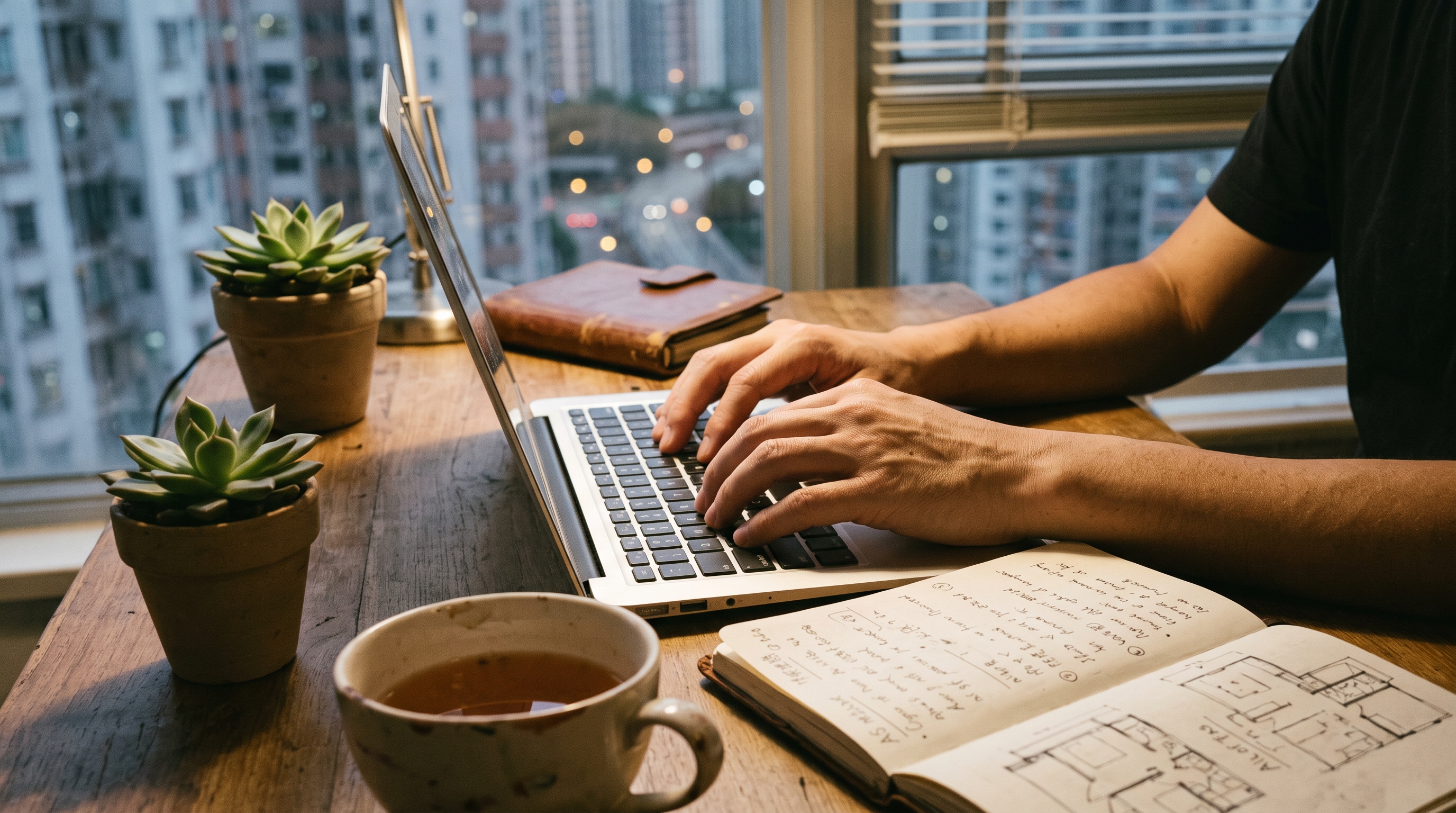 Hands typing on a laptop keyboard beside an open notebook with handwritten notes and architectural sketches, a cup of tea, and a small potted plant on a wooden desk in a Hong Kong apartment