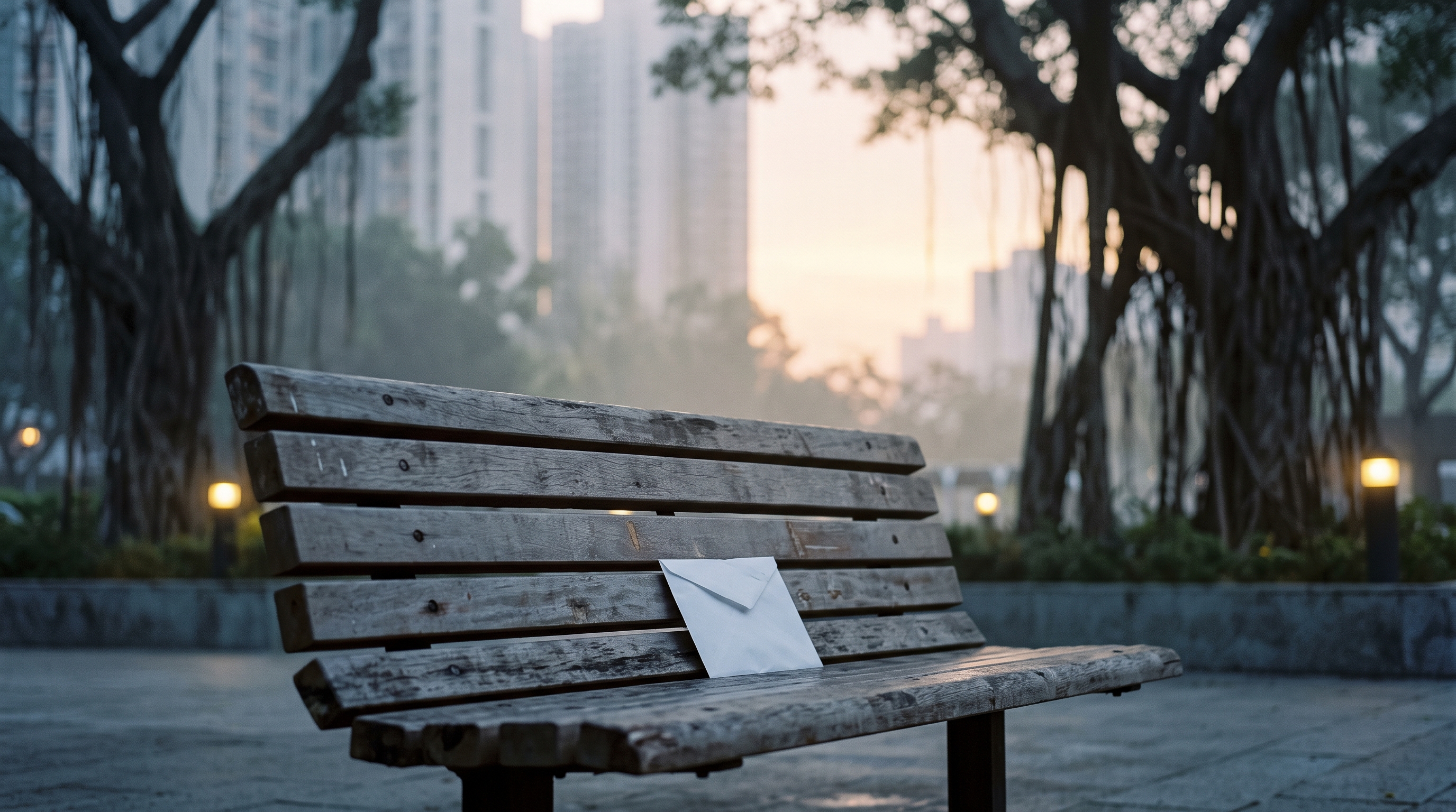 An empty wooden bench in a Hong Kong urban park at dawn, with a single unopened white envelope resting on the seat, morning mist and banyan trees in the background